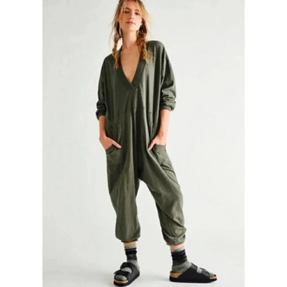 Free People Just Because Onesie Jumpsuit One Piece Green Lounge Long Sleeve - Picture 1 of 4